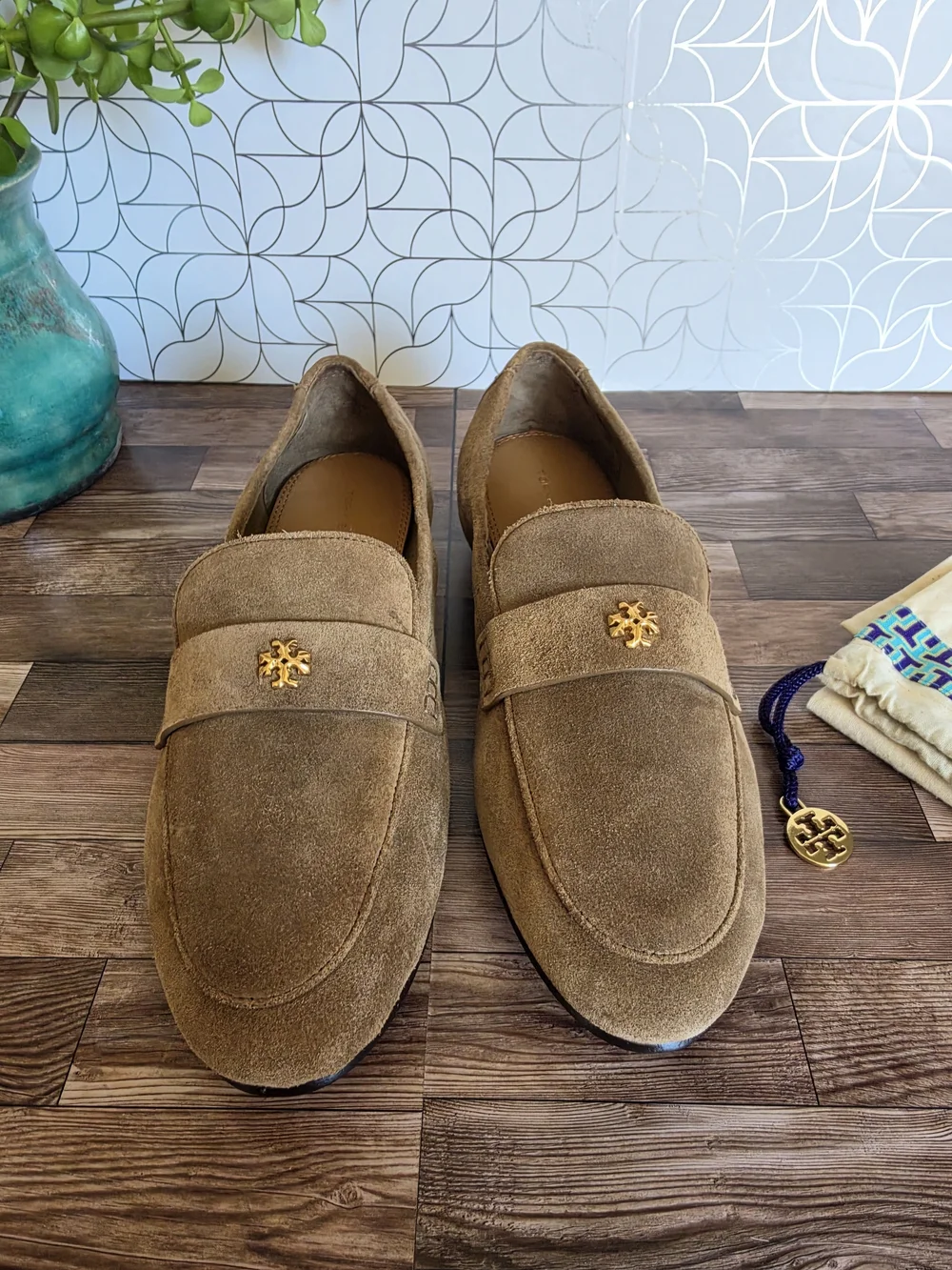 Tory Burch Brown Suede Penny Loafers with Gold Logo